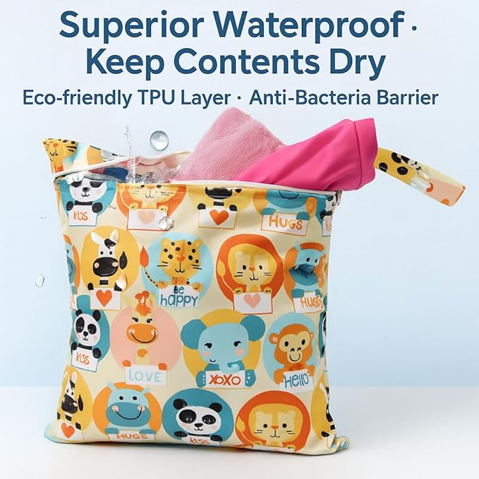FANALALA Waterproof Wet Dry Bag, Reusable Diaper Pouch with Zipper, Machine Washable Travel Organizer for Beach, Daycare, Kids, Dinosaur Pattern (Orange Lion)