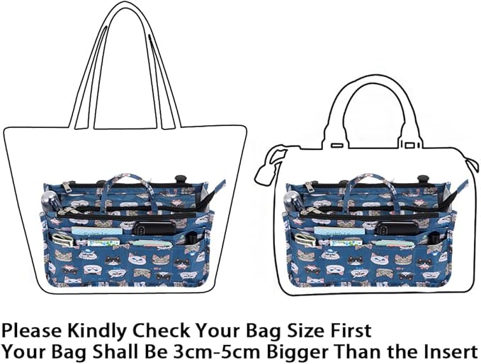 BTSKY Printing Handbag Organizers Inside Purse Insert - High Capacity 13 Pockets Bag Tote Organizer with Handle Cat
