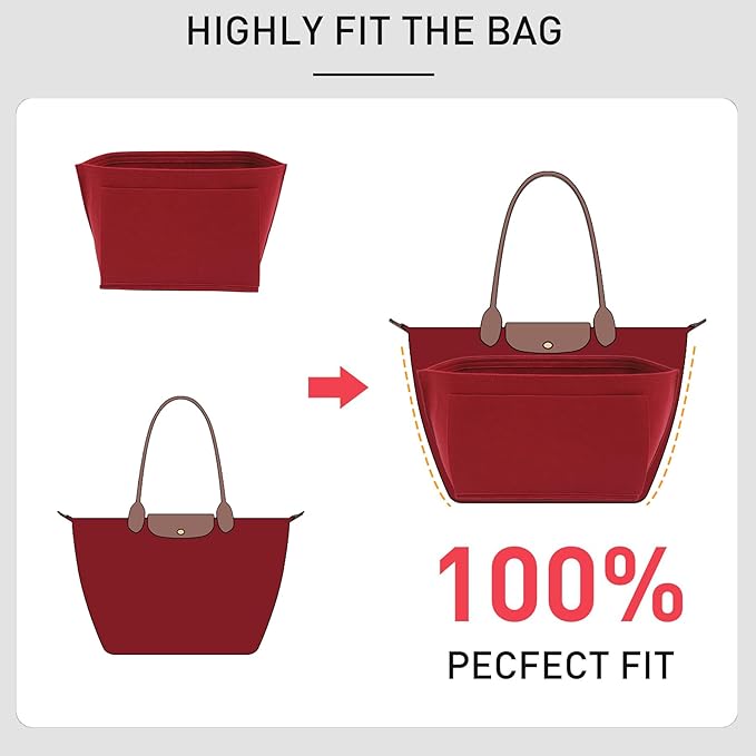 Felt Purse Organizer Insert Compatible with Longchamp Le Pliage Large and More, Zipper Long Champ Bag Organizer Insert with Cup Holder, 8 Compartments (Wine Red,L)