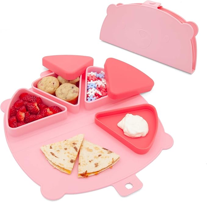 Silicone On-The-Go Snack Mat – Foldable Reusable Placemat with 3 Compartments and Lids – Travel-Friendly Baby and Toddler Snack Plate – Dishwasher Safe (Cotton Candy)