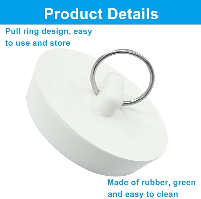2 Pack Durable Rubber Drain Stopper, Fits 2 Inch Bathtub Drain Plug Hanging Ring, Bathroom Sink Stopper for Kitchen and Bathroom White