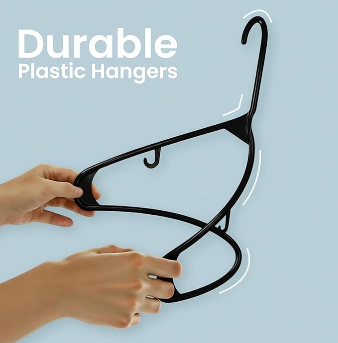 Utopia Home Plastic Hangers 20 Pack - Space Saving Clothes Hanger - Durable & Strong Closet Organizers and Storage with Built-in Strap Hooks - Essential for Shirts, Pants, Skirts & Coats (Black)