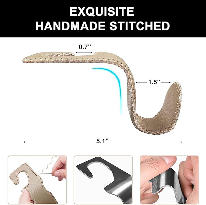 Car Seat Hooks for Purses and Bags, 4 Pack Car Purse Holder for Grocery Bag Handbag Clothes, Metal Headrest Hooks Covered by Leather, Beige