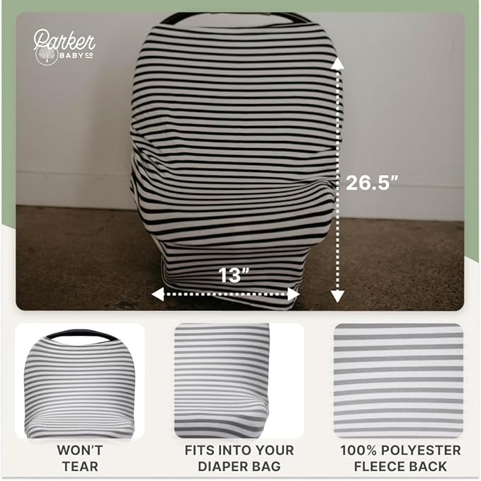 Parker Baby 4 in 1 Car Seat Cover for Girls and Boys - Stretchy Carseat Canopy, Nursing Cover, Grocery Cart Cover, High Chair Cover - Gray/White Stripes