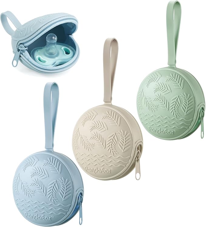 PandaEar 3 Pack Silicone Pacifier Holder Case, Portable Travel Pacifier Pouch for Newborns, BPA-Free Silicone Pacifier Storage Container for Boys & Girls (Green, Blue, Cream)