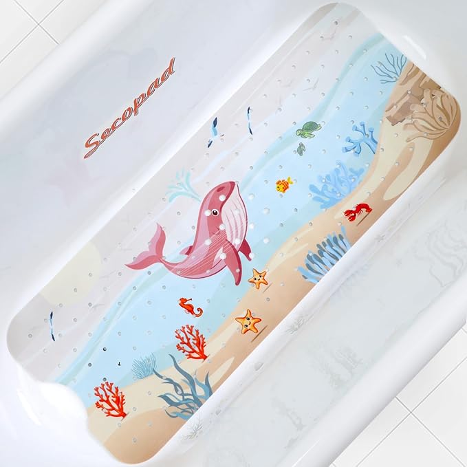 Secopad Bath Mat for Tub Non Slip, Machine Washable Anti-Slip Cartoon Baby Bathtub Shower Mat with Drain Holes and Suction Cups for Toddler & Kids (40 Inch x 16 Inch-Rectangular, Rosy Whale)