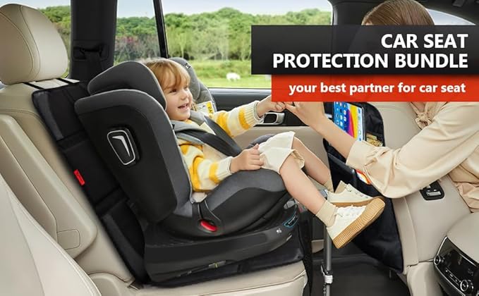 Car Seat Protector with Thick Padding + XL Large Car Seat Cover for Child Car seat, Eco Friendly Waterproof & Durable Fabric + 2 Storage Pockets Protect Fabric or Leather Seats 2Pack (Brown)