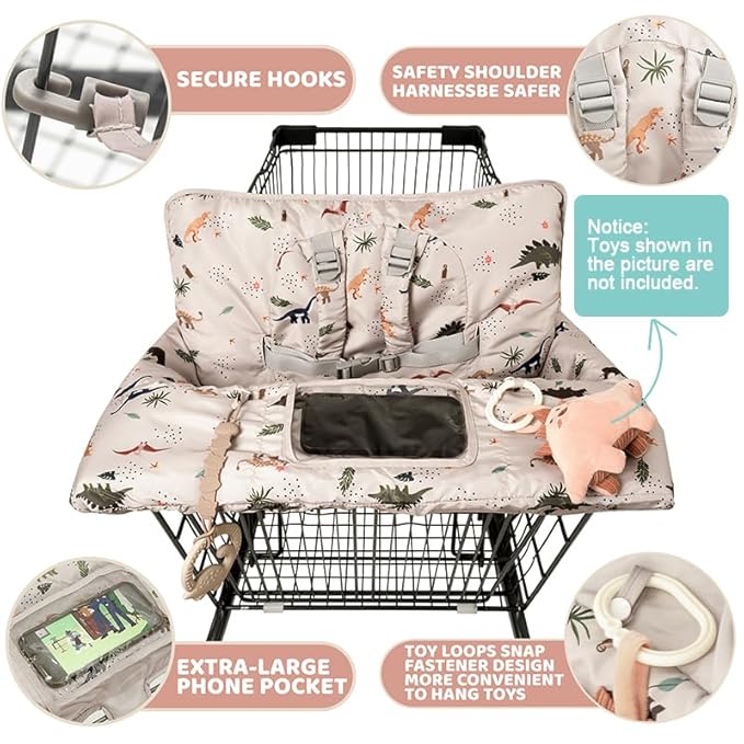 Shopping Cart Cover for Baby 2 in 1 High Chair Covers for Restaurant Comfortable Grocery Cart Seat Covers for Infant, Toddler Universal Suitable for Most Shopping Carts Machine Washable, Dinosaur
