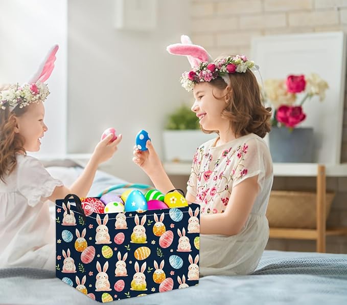 TIBAOLOVER Rectangular Easter Basket for Kids & Baby - Cute Toy Storage Bin, Organizer Shelf, Book Basket & Room Decor (Dark Blue Easter)