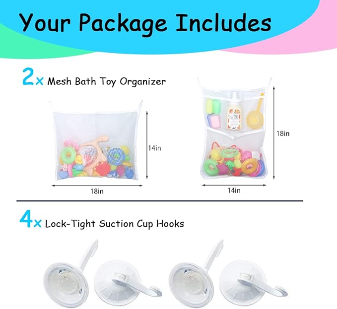 LEEFONE 2 PCS Mesh Bathtub Toy Holder Bag, 18 x 14 Inch Bath Toy Organizer, 4 Ultra Strong Hooks, White