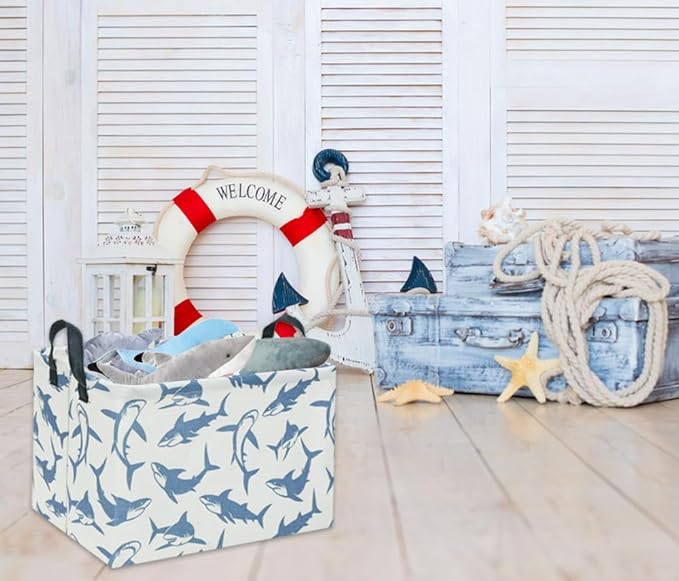TIBAOLOVER Rectangular Shark Basket Kids Baby Storage Basket Cute Kids Toy Storage Bin Organizer Shelf Book Shark Room Decor(Blue Shark)