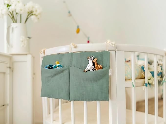 Cotton Baby Bedside Hanging Storage Bag,2 Pockets Organizer for Baby Cribs and Toys (Green)