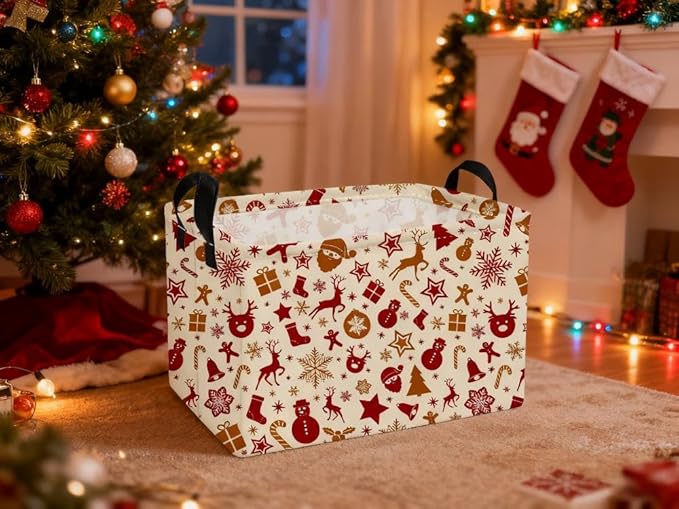Essme Rectangular Christmas Baskets,Deer Storage Box,Cute Basket for Kids with Handles for Room Decor, Book Bins,Gifts Basket.(Snowflake Christmas)