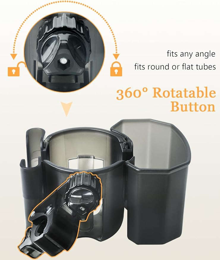 Universal Stroller Cup Holder with Phone Holder, 360° Rotatable Strong Clip, Big Storage Space for Walker, Wheelchair, Stroller, Bike (UM-SCH-B2507)