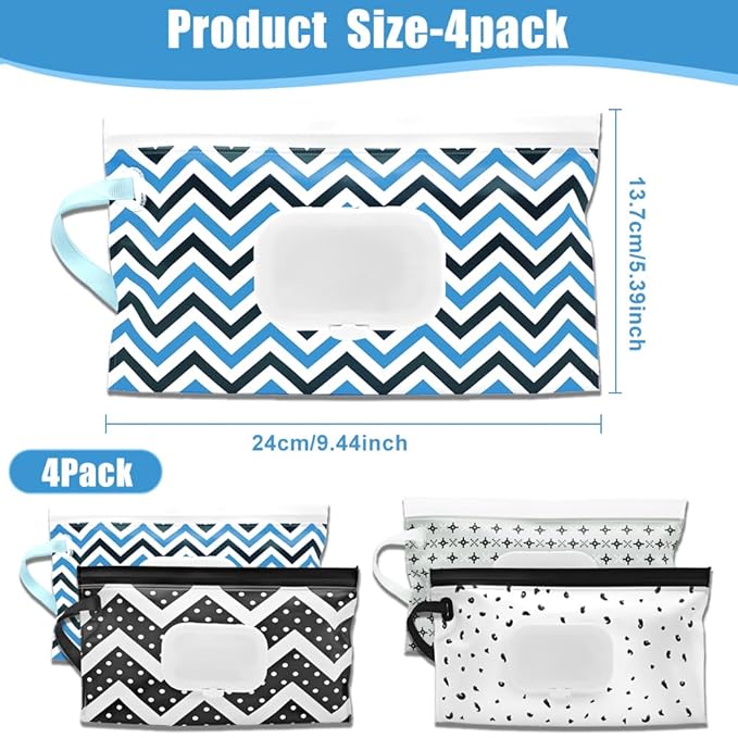 4 Packs Baby Wipes Dispenser,Portable Refillable Wipe Holder with Hanging Loop, Wet Wipes Container,Reusable Travel Baby Wipes Pouch for Indoor & Outdoor Using