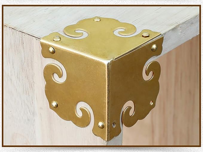 4Pcs Vintage Pure Brass Corner Protectors Antique Hardware Desk Edge Wooden Jewelry Gift Box Cabinet Three Sides Full Encase Corner Guard (Gold)
