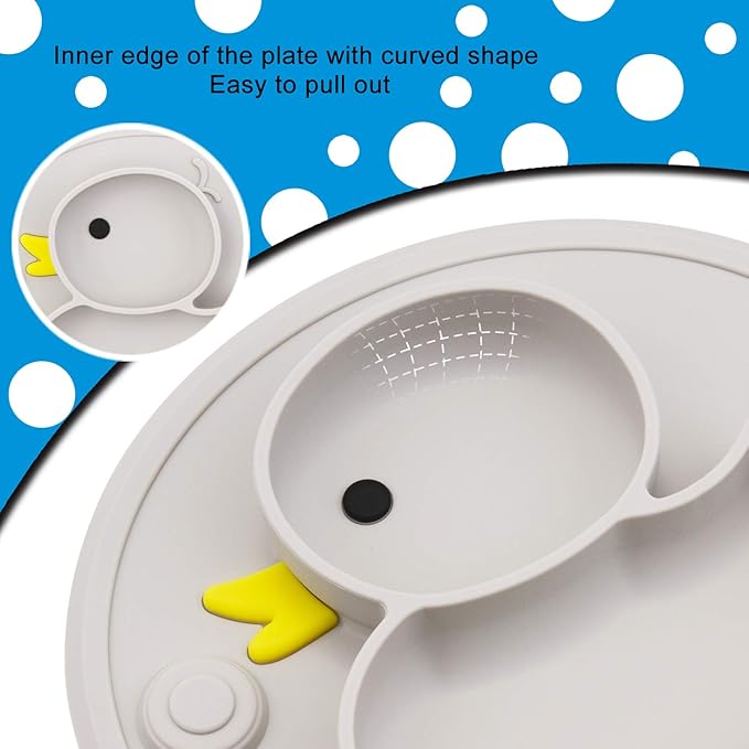 Linowos Baby Divided Plate Silicone- Portable Non Slip Child Feeding Plate with Suction Cup for Children Babies and Kids BPA Free Baby Dinner Plate Microwave Dishwasher Safe … (Duck-Gray)