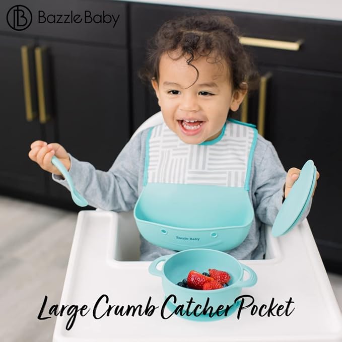 Bazzle Baby Silicone Bibs with Food Catcher - Rolls Up and Button closed for easy travel and storage Waterproof 2-Pk
