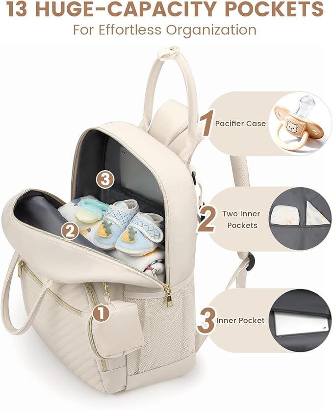 Pritent Diaper Bag Backpack,Baby Essentials Diapers Bag with Pacifier Case,Multipurpose Stylish Large Capacity Travel Backpack for Baby Girl/Boy(M-Beige)