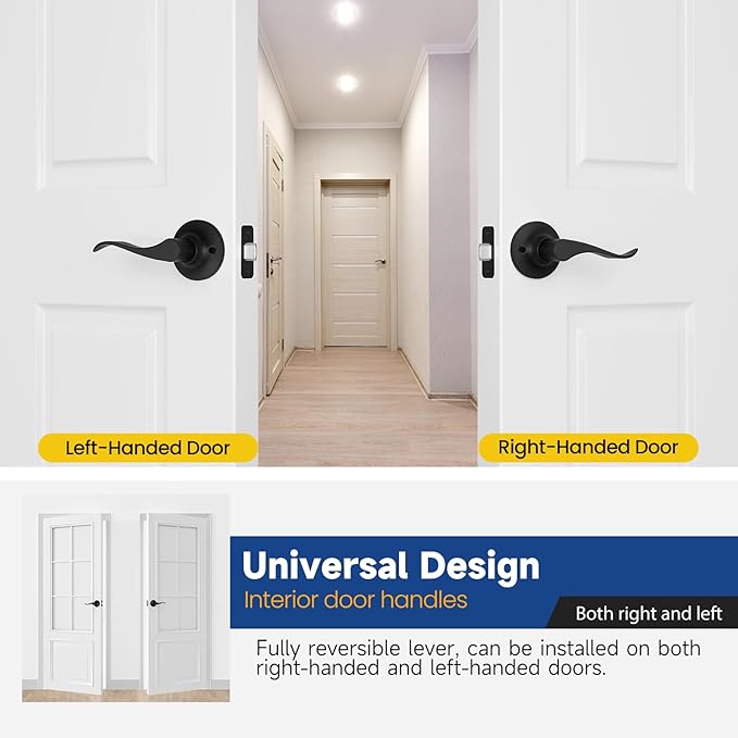Passage Door Handle Keyless Closet Door Handles Interior Wave Lever Door Handle for Hallway, Reversible for Right & Left, Matte Black