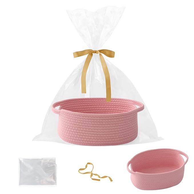 Small Woven Rope Basket-Empty Gifts Basket with Bag and Ribbons,Cute Handle Organizer Box for Birthday/Baby Shower, Toy Storage, Nursery Organizing & Shelf Decor(Pink)