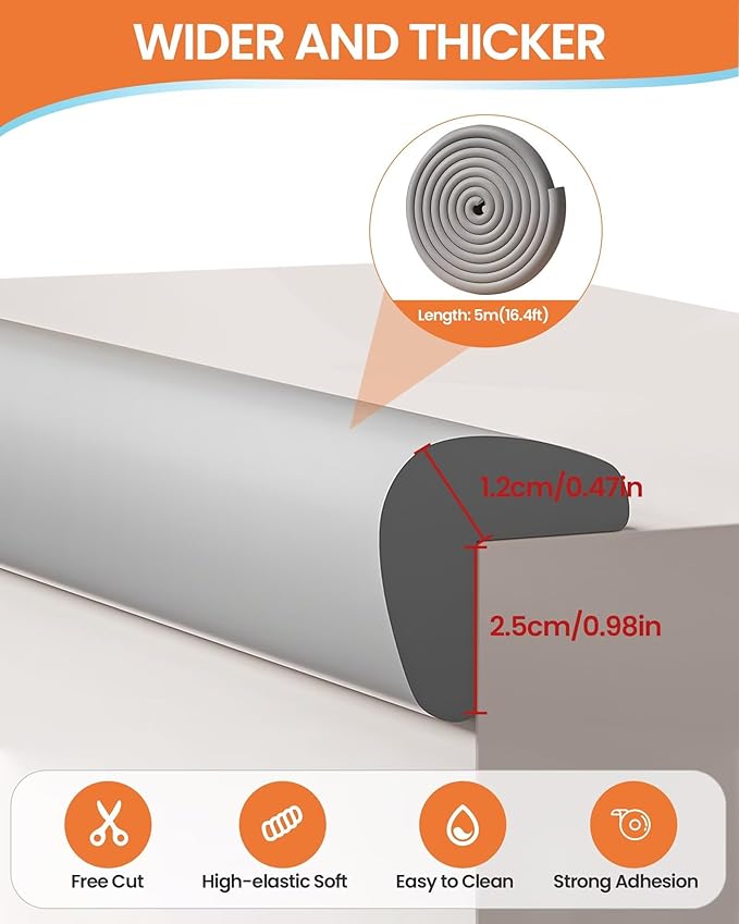 QYV Baby Proof Edge Corner Protector, 16.4FT 0.47''Th L-Shape Furniture Corner & Edge Safety Bumpers with 10 Corners, Pre-Taped, Soft NBR Rubber Foam Desk Edge Cushion Wall Corner Protector (Grey)