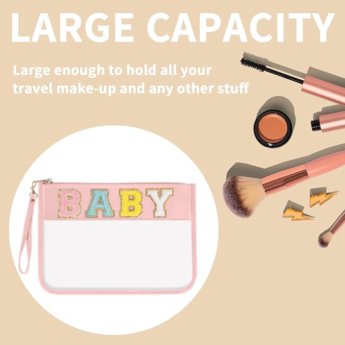 Iqimott Chenille Letter Clear Bag Baby Pouch, Monogram PVC & PU Makeup Cosmetic Bag Zipper Toiletry Pouch, Portable Travel Beach Snack Wristlet Bags for Women Girls(Baby, Pink)