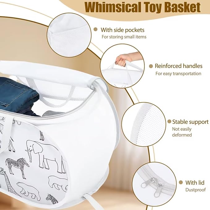 Collapsible Toy Box with Zipper Lid - Lightweight Stuffed Animal Storage Basket Organizer, Sturdy Foldable Toy Basket with Handles for Kids, Boys, Girls, Playroom, Bedroom - Animal Print, White