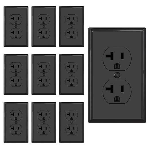 AIDA 20 Amps Outlets Duplex Electrical Receptacle Outlets, Electrical Outlet, 20Amp 125V Heavy-Duty,Wall Plate Included,Residential, 3-Wire, Self-Grounding, UL Listed, Side Wire (10 Pack, Black)