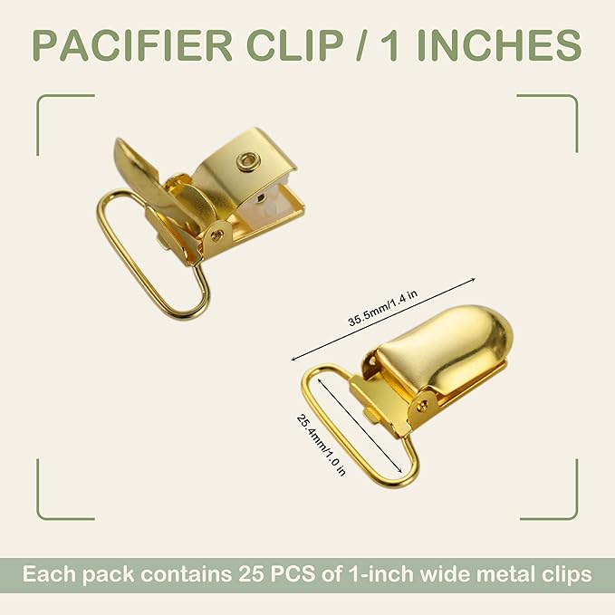 25 PCS 1" Suspender Clips Metal Pacifier Clip Holder for Pacifiers DIY Baby Girl Toy Bibs Garter Making Supplies (Gold, Bulk)
