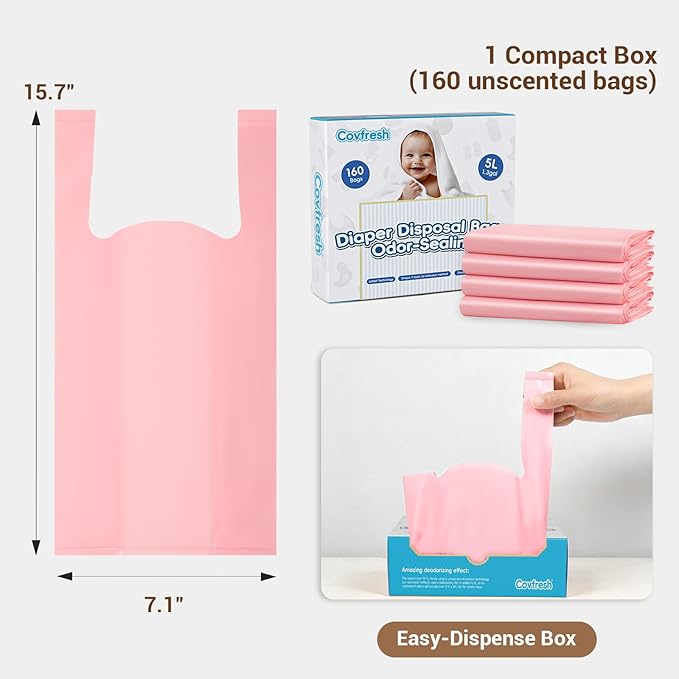 Odor Sealing Diaper Disposable Bags with Tie Handle, 160 count | Large Capacity, Unscented & Durable Diaper Trash Bags for Home & Baby Travel Use (Color:Pink)