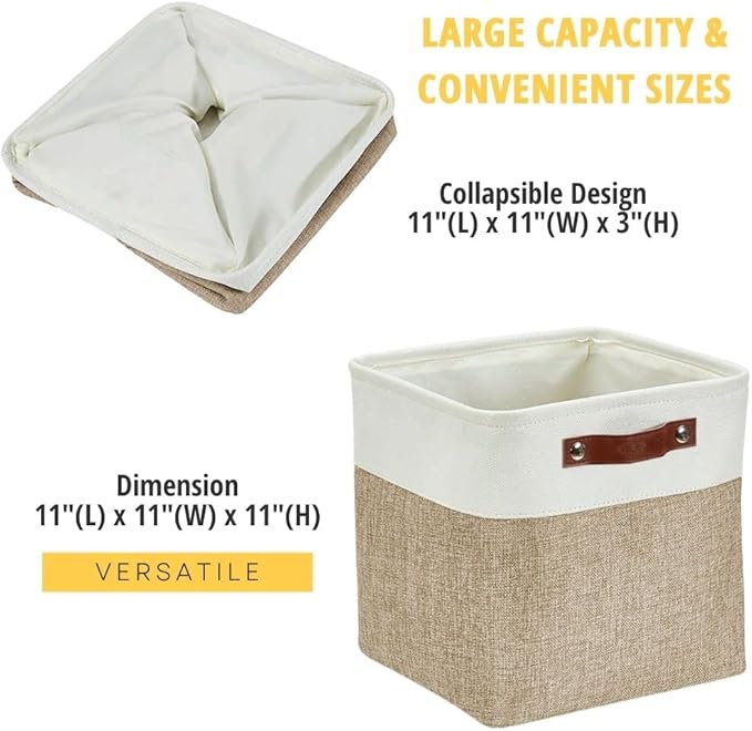 DECOMOMO Storage Cubes, 11x11 Cube Storage Bins, Baskets for Shelves (Beige & White, 4 Pack)