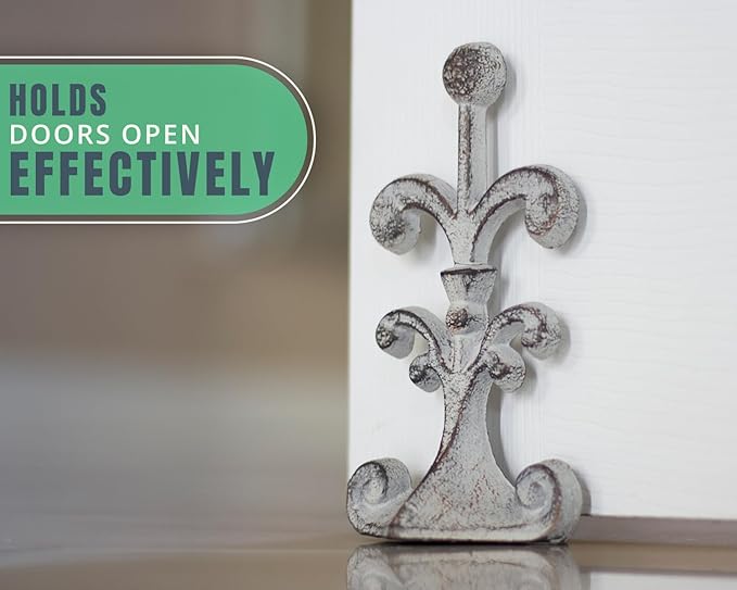 Comfify Fleur De Lis Cast Iron Door Stop – One Decorative Wedge with Felt Bottom – Rustic White Antique Finish – 4" x 3.5" x 7.75"
