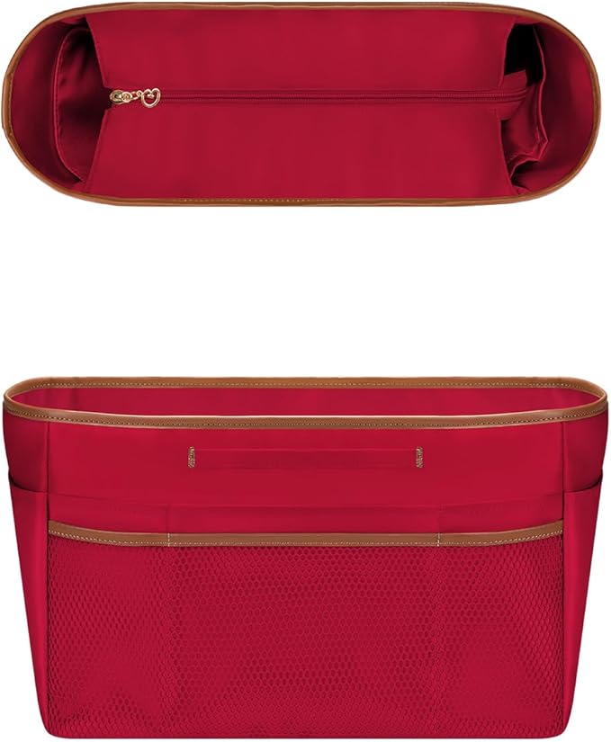 GIVLEFLY Tote Organizer Insert with Multiple Pockets Zipper Purse Dividers with Handle Lightweight Purse Liner with Cup Holder Fit for Longchamp Medium Size and City30 and More(Medium,Red)