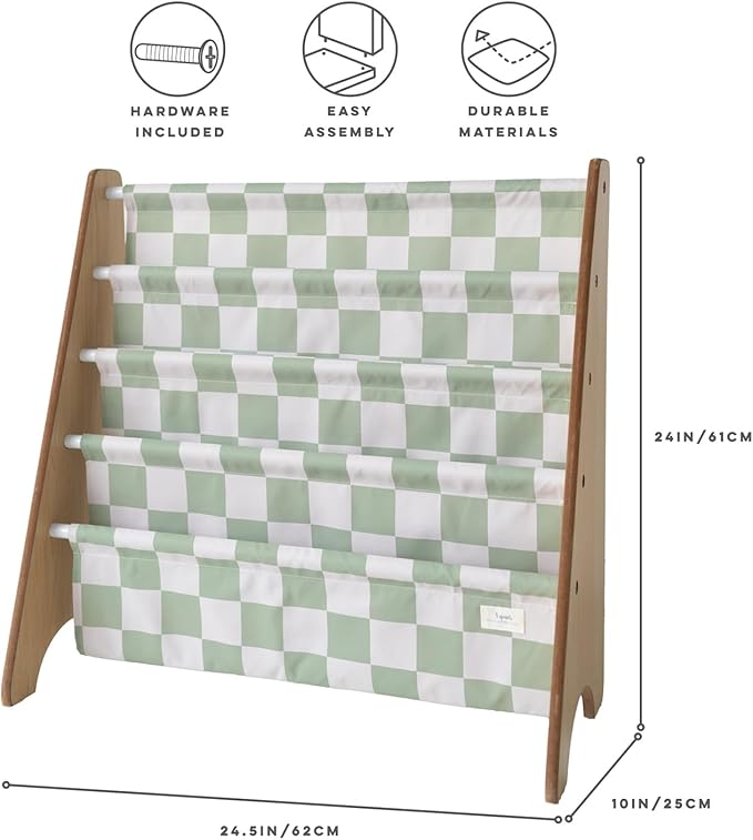 3 Sprouts Recycled Fabric Kids Bookshelf – 4-Tier Sling Book Rack Organizer - Nursery Room Playroom Classroom Wooden Book Shelves - Kid Bookcase Wood Storage Shelf for Toddler Age 3+ - Checkered Green