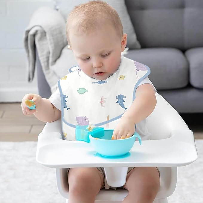 CoolaPeach 3-Pack Waterproof Baby Bibs for Eating - Lightweight Feeding Bibs, Mess Proof, Baby Essential Must Have for Eating