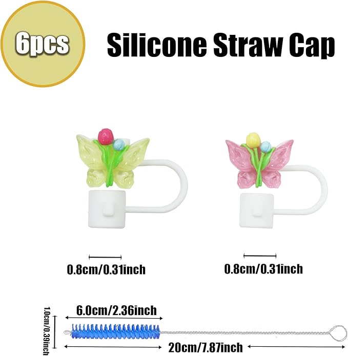 RENUIS 6Pcs 6-8mm Flower Butterfly Small Straw Cover,Dust-Proof Straw Toppers for Tumblers and Water Bottles,Reusable Portable Drinking Straw Tips Lids,Funny Gifts for Women & Girls
