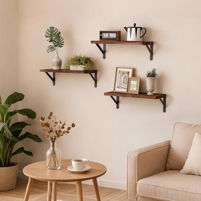 Fixwal Floating Shelves for Wall, Wood Wall Mounted Shelves for Bedroom, Bathroom, Living Room, Kitchen Storage and Decor(Brown, Set of 3, 16.5 Inch)