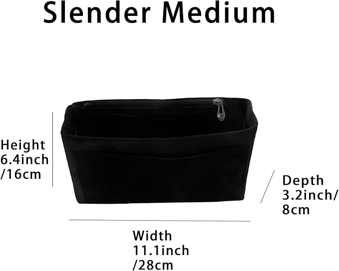 Purse Organizer Insert, Suede Bag Organizer Handbag Tote Shaper, Suede Material, Soft and Non Damaging Bag (Black, Slender Medium)