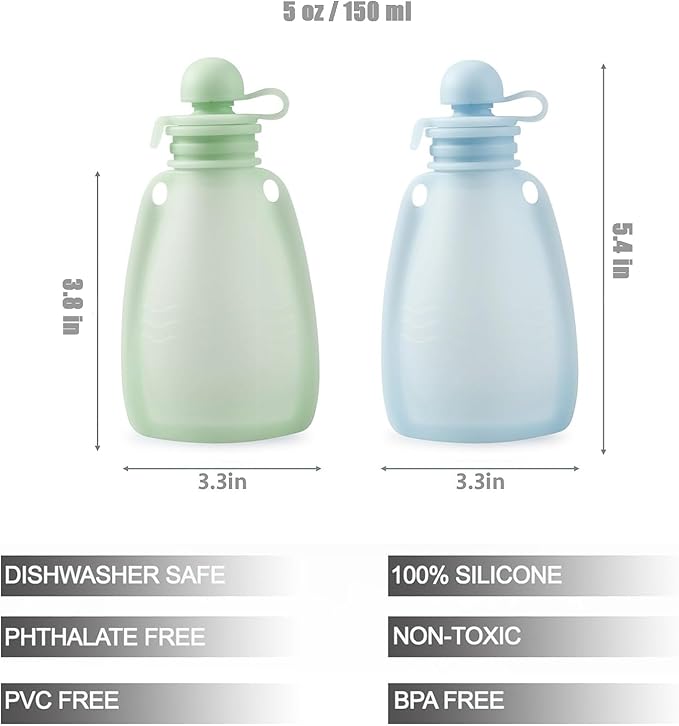 PandaEar 2 Pack Baby Food Pouches & 2 Pack Snack Containers, Reusable Silicone Squeeze Pouches & Collapsible Toddler Snack Cups for Toddler Kids -Blue&Green