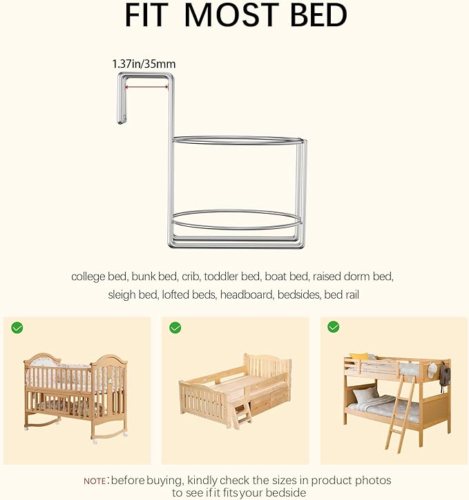 Cup Holder for Bed (Diameter: 4.1IN) Drink Holder Water Bottle/Glass Organizer for Wood Dorm Room Bunk Bed Crib, Metal Toddle Bed,Loft Bedside, Headbed, Car,Office Desk Partition