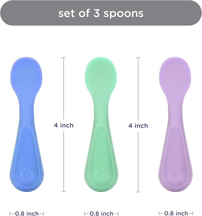 Ubbi Silicone Baby Training Spoons, 3-Pack Soft-Tip Self-Feeding Utensils for Baby-Led Weaning, Easy-Grip Toddler Spoons, BPA-Free, Dishwasher Safe