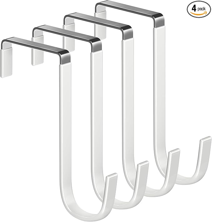 Mars-Rock Over The Door Metal Hooks with Plastic Coating 5.5" Fit 0.5" to 2" Wide Door 4 Pcs Heavy Duty Single Towel Robe Rack Wreath Bathroom Shower Hanger Shoe Organizer Ironing Board Short White