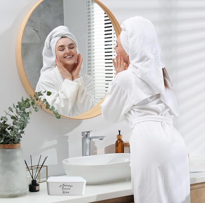 Moorfowl Makeup Remover Wipes Container,7.28" L * 4.80" W * 2.75" H, Makeup Wipes Holder Dispenser Chic for Bathroom Vanity Dressing Table (White)