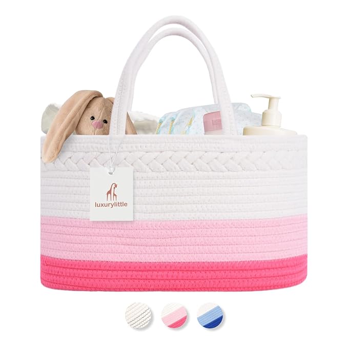 luxury little Diaper Caddy Organizer, Large Cotton Rope Nursery Baby Basket, Changing Table Organizer for Baby Diaper Storage, Portable Car Organizer Removable Divider (Pink, Large)