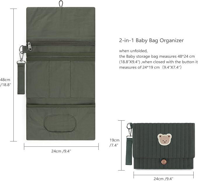 MOMIGO Baby Diaper Bag Organizer Pouches - Waterproof Pod Foldable Diaper Organizer Set, Cute Bear Bag Gift for Baby Shower (Green)