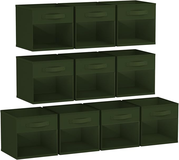DIMJ Storage Cubes, Cube Storage Bin, 10 Pack Foldable Baskets with Window, Closet Storage Bins with Handle, 11x 11 inch Storage Cubes for Clothes, Toys, Books (Green)