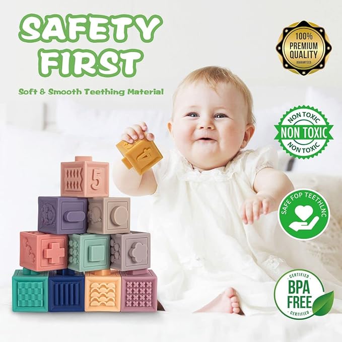SpringFlower 3 in 1 Montessori Toys for Babies 0-3-6-12 Months, Soft Baby Teething, Stacking Building Blocks for Infants, Sensory Developmental Education Toys for Toddler Baby 12-18 Months,23 PCS