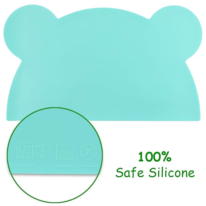 M MOACC Toddlers Non-Slip Silicone Placemat Cute Bear Kids Placemats Washable Dining Table Food Mat for Children Baby,Mint Green
