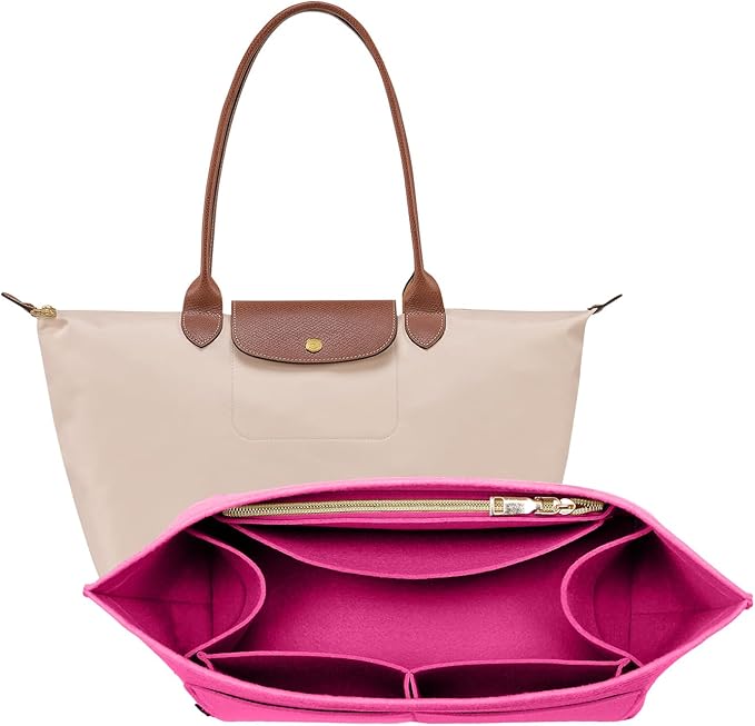OPPOSHE Purse Organizer Insert for Longchamp Le Pliage, Premium Felt Long Champ Bag Handbag Women, Tote Organizer Insert with 9 Compartments (Medium, Rosy)